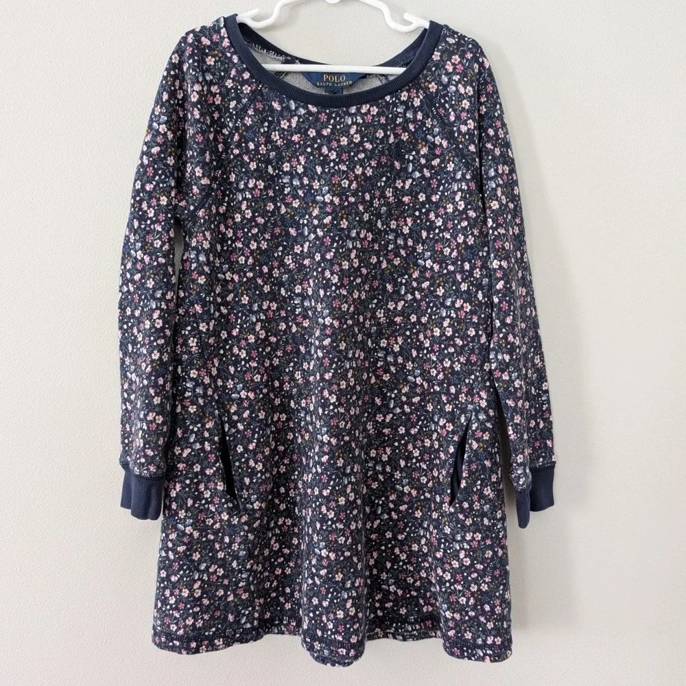 Polo Ralph Lauren Little Girls Sweatshirt Dress SIZE 7 Floral Pockets Casual